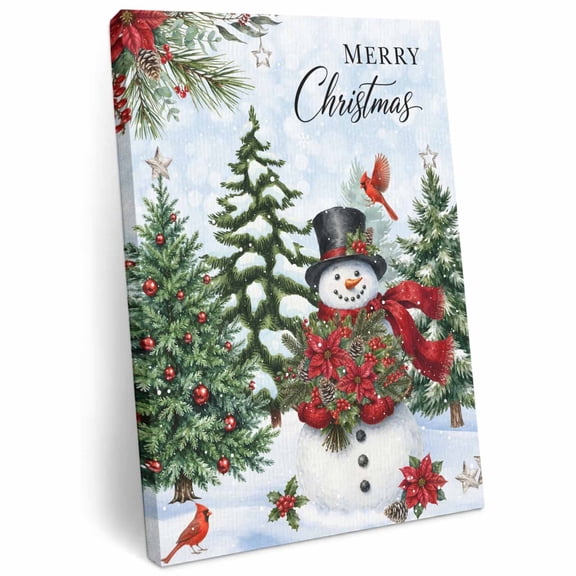 Christmas Snowman Canvas Wall Art for Living Room, Winter Holly Floral Snowfall Pine Trees Blue Poster Print Painting for Master Bed Cottage Lounge Decoration Wall Pictures Prepare To Hang 16"x20"