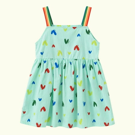 

Summer Strappy Dress for Kid Girl s Sleveeless Sweet Heart Rainbow Print Slip Dress Pleated Flowy Tunic Mini Beach Dress