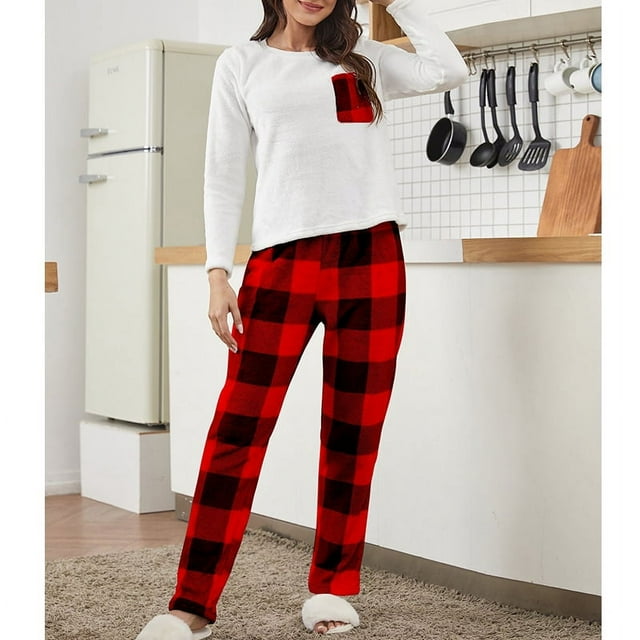 Pijama cálido de otoño e invierno para mujer, traje de franela con forro polar, pantalones a cuadros, ropa de casa