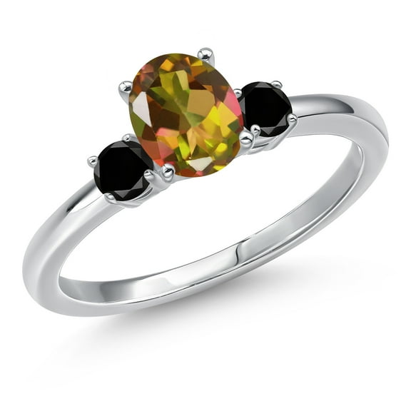 Gem Stone King 14K White Gold Mango Mystic Topaz and Black Diamond Engagement Ring for Women | 1.40 Cttw | Oval 7X5MM | Gemstone November Birthstone | Size 5