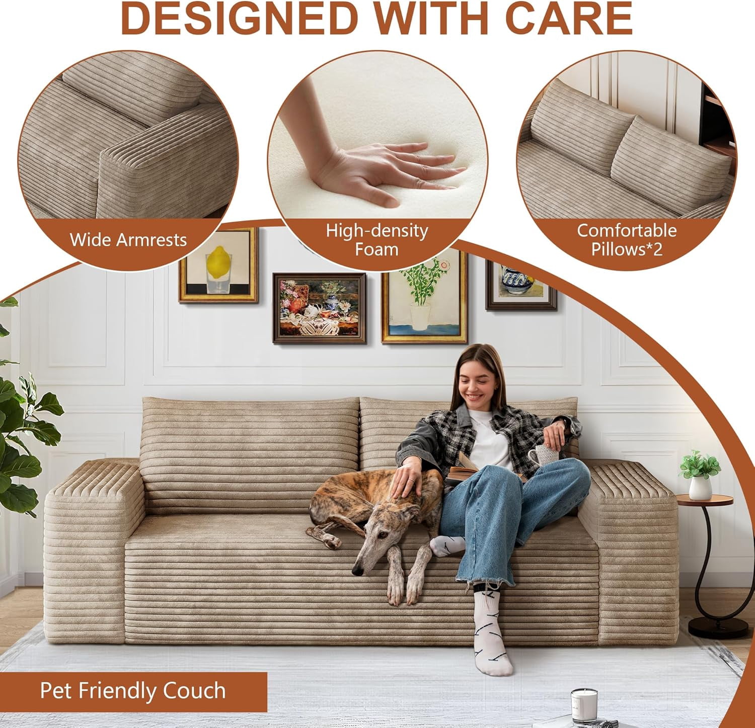 71" Corduroy Loveseat Sofa, 3-Seater Cloud Couch, Boneless Couch in a Box, Deep Seat Sofa with Memory Foam, No Assembly Required(Camel)