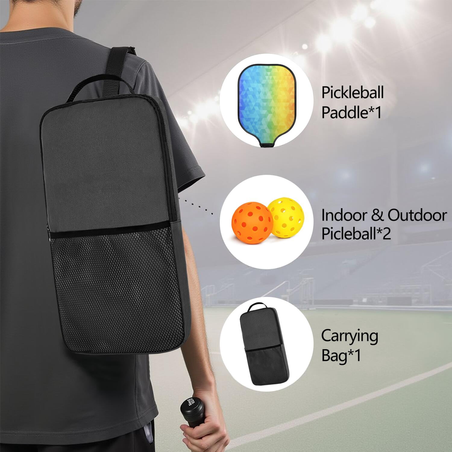Pickleball Paddles Set Of 1, Fiberglass Surface, Vibrant Rainbow Print, 1 Paddle, 2 Balls & Bag