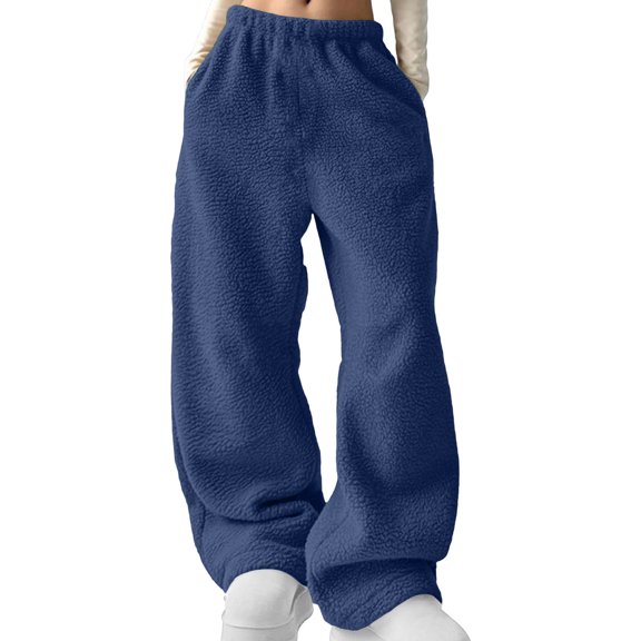 RYRJJ Womens Sherpa Fleece Wide Leg Sweatpants Winter Warm Thermal Lounge Pants Soft Elastic Waist Pajama Bottoms with Pockets(Blue;5XL)