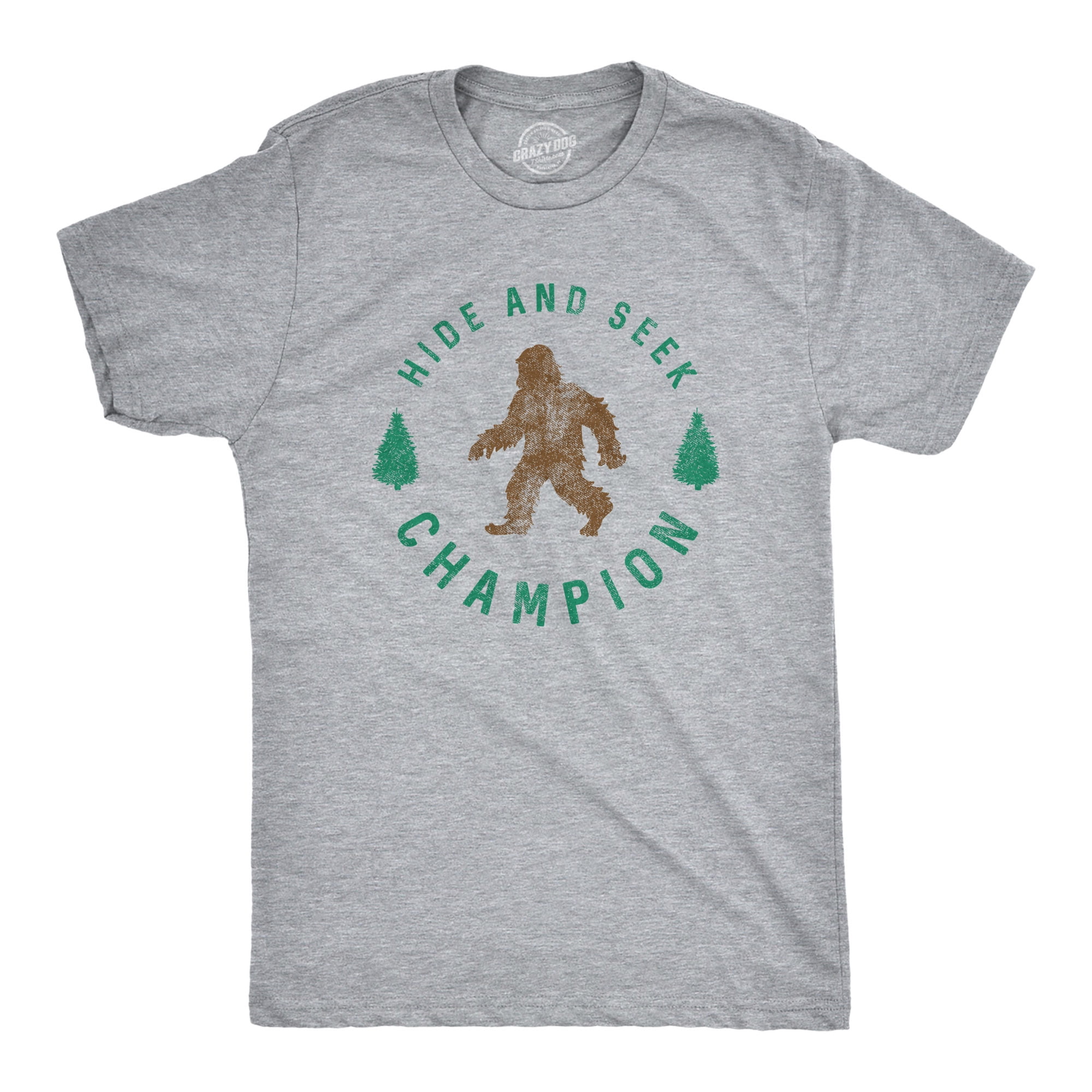 Mens Hide and Seek Champion T shirt Funny Bigfoot Tee Humor Cool