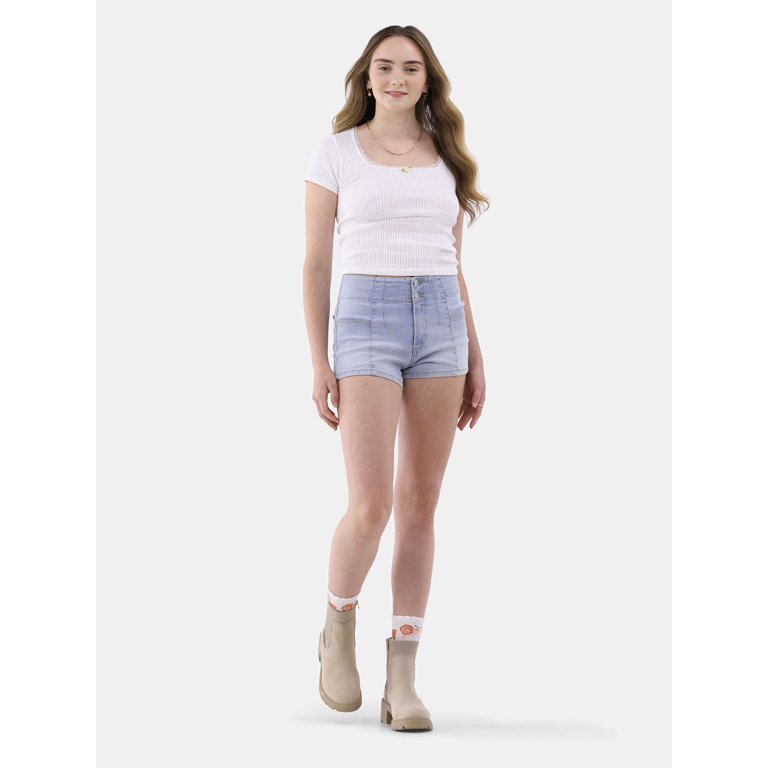 【2plan】Summer Pintuck Denim Short Pants No Boundaries Women's Pintuck Denim Shorts, 3” Inseam, High
