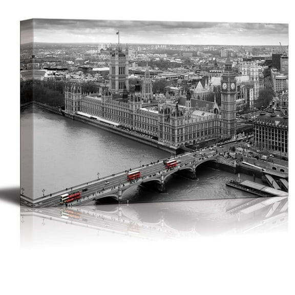 wall26 - Black and White Photograph with Pop of Color on The Red Buses in London - Canvas Art Home Art - 24x36 inches