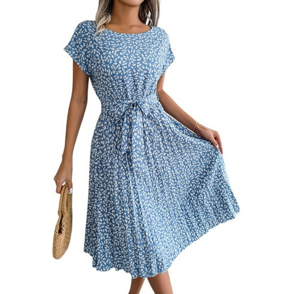 DYMADE Women Summer Floral Print Elastic Waist Short Sleeve Belted Midi Length A-Line Dress