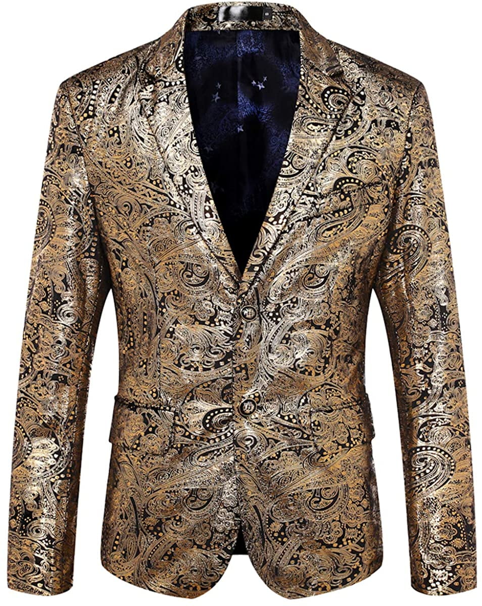Suit Jacket Mens Printed Gold Notched Lapel Slim Fit Stylish Coat Blazer Jacket Dress 