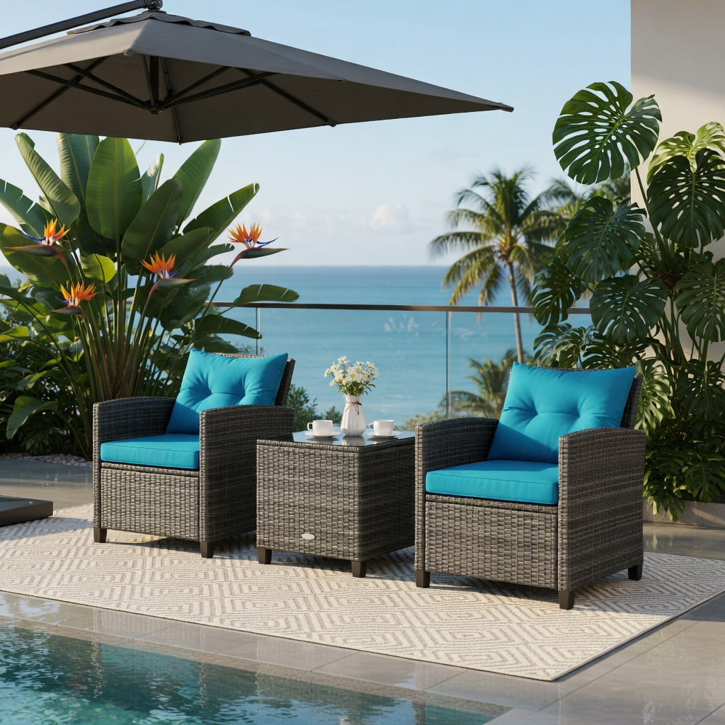 Hommoo 3-Piece Outdoor Wicker Conversation Set, Tempered Glass Coffee Table & 2 Armchairs with Removable Cushions, PE Rattan & Steel Frame, Turquoise