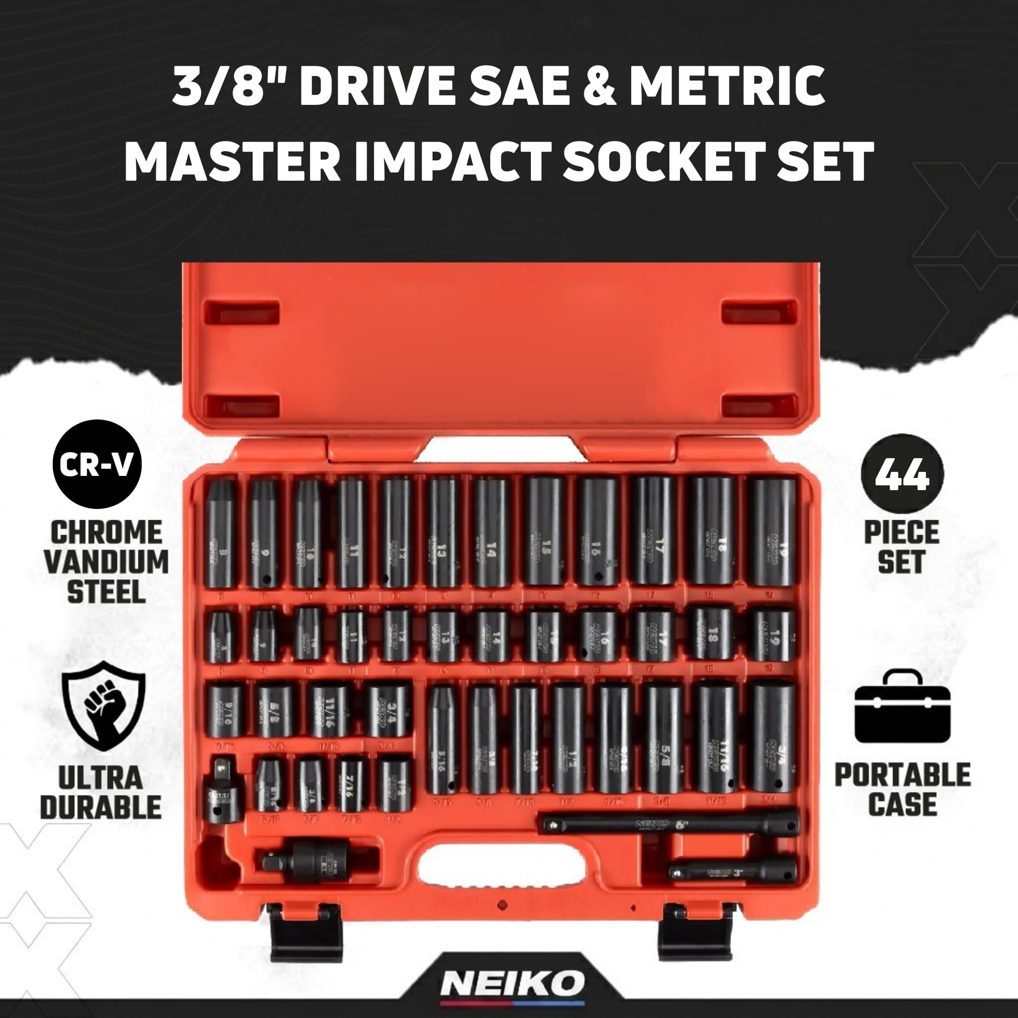 NEIKO 02440A 3/8-Inch-Drive Impact Socket Set, SAE Sizes 5/16" to 3/4" and Metric Sizes 8 mm to 19 mm, Includes Extension Bars and U-Joint, 44 Pieces