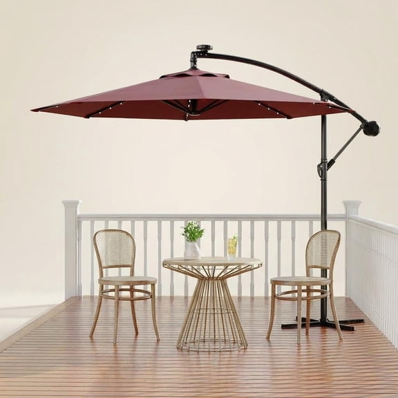 10FT Solar LED Cantilever Patio Umbrella, Offset Hanging Outdoor Umbrella with Easy Crank & Tilt Adjustment, UPF 50 UV Resistant & Waterproof Sun Umbrella for Deck Pool Garden Backyard – Claret