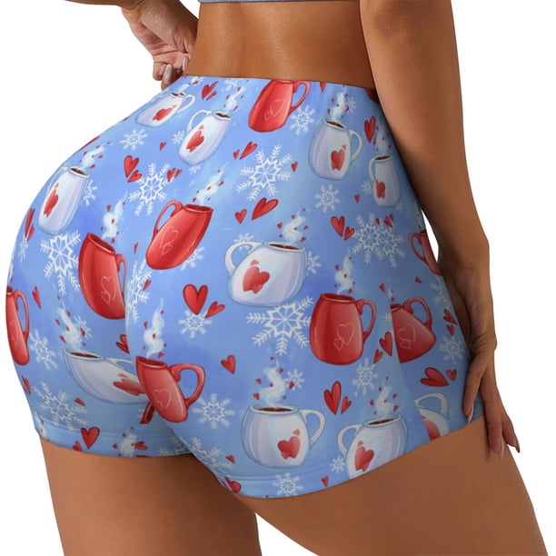 Fotbe coffee love cup winter Shorts Sin Costuras – Shorts Deportivos de Cintura Alta para Mujer, Elásticos para Gimnasio, Yoga, Running o Ciclismo-Medium