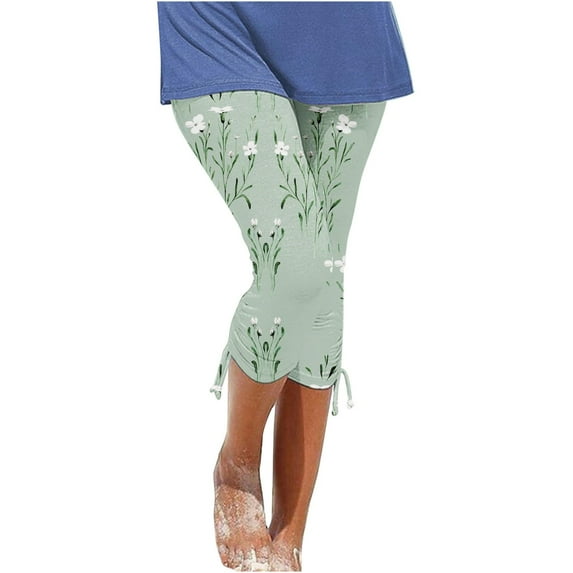 Bigersell Capris for Women Casual Summer Clearance Lightweight Elastic Waist Capris Pants with Side Drawstring Floral Printed Women's Capris and Cropped Pants Yoga Stretchy Capris Leggings Green-P XL