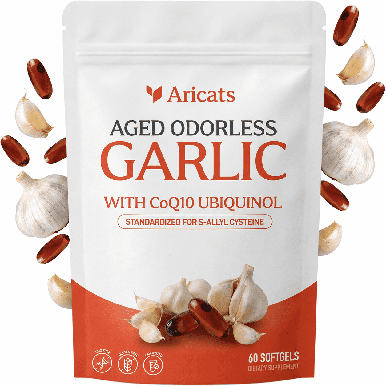 Odorless Aged Garlic Extract Softgels 600mg with CoQ10 Ubiquinol & Vitamin K2 MK-7, 60 Softgels