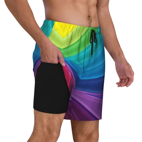 Men's Rainbow Stripes Swim Trunks with Compression Liner Bathing Suit Swimwear