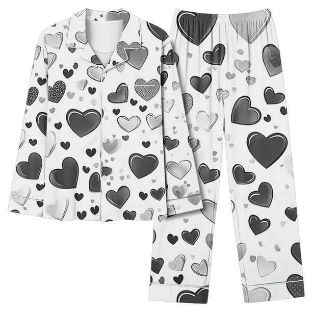 Puntoco Conjuntos de pijamas cómodos para mujer, conjunto de pijama informal holgado a la moda con pantalones largos estampados y manga larga con cuello vuelto