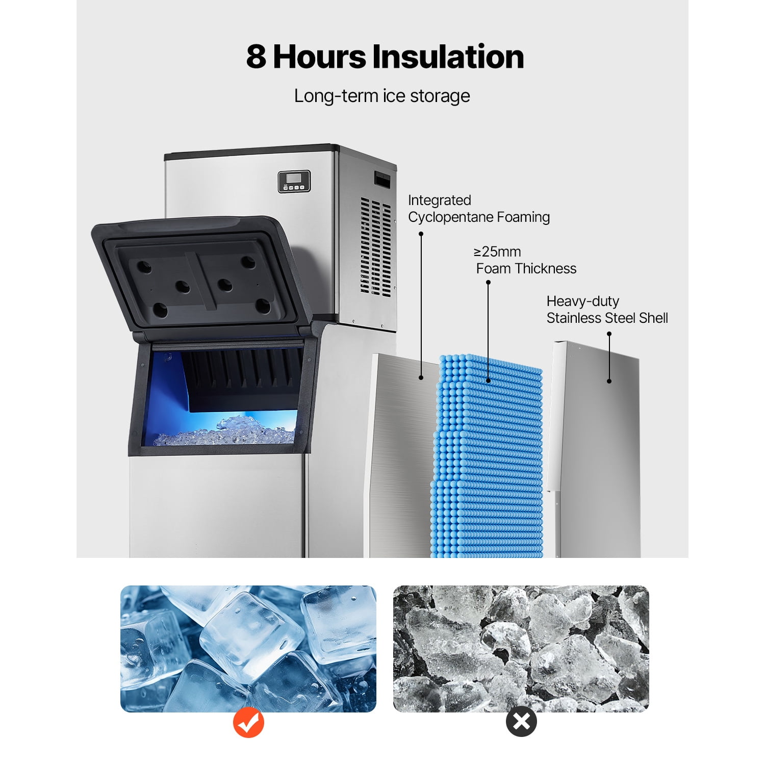 KFFKFF 360LBS/24H Commercial Ice Maker Machine with 300LBS Large Storage Bin Freestanding/Built-In, Stainless Steel Clear Ice Cube Maker LCD Panel