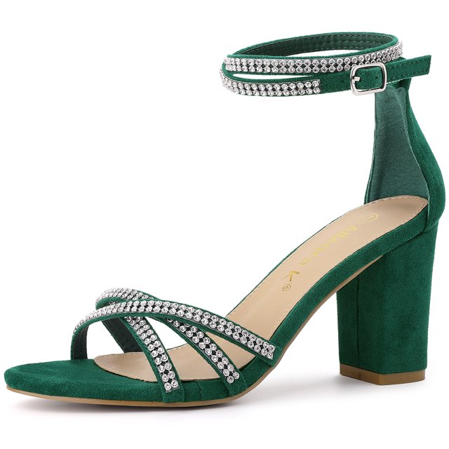 Sandalias de Imitación de diamantes Allegra K Correas de Tobillo Tacón grueso Verde 37