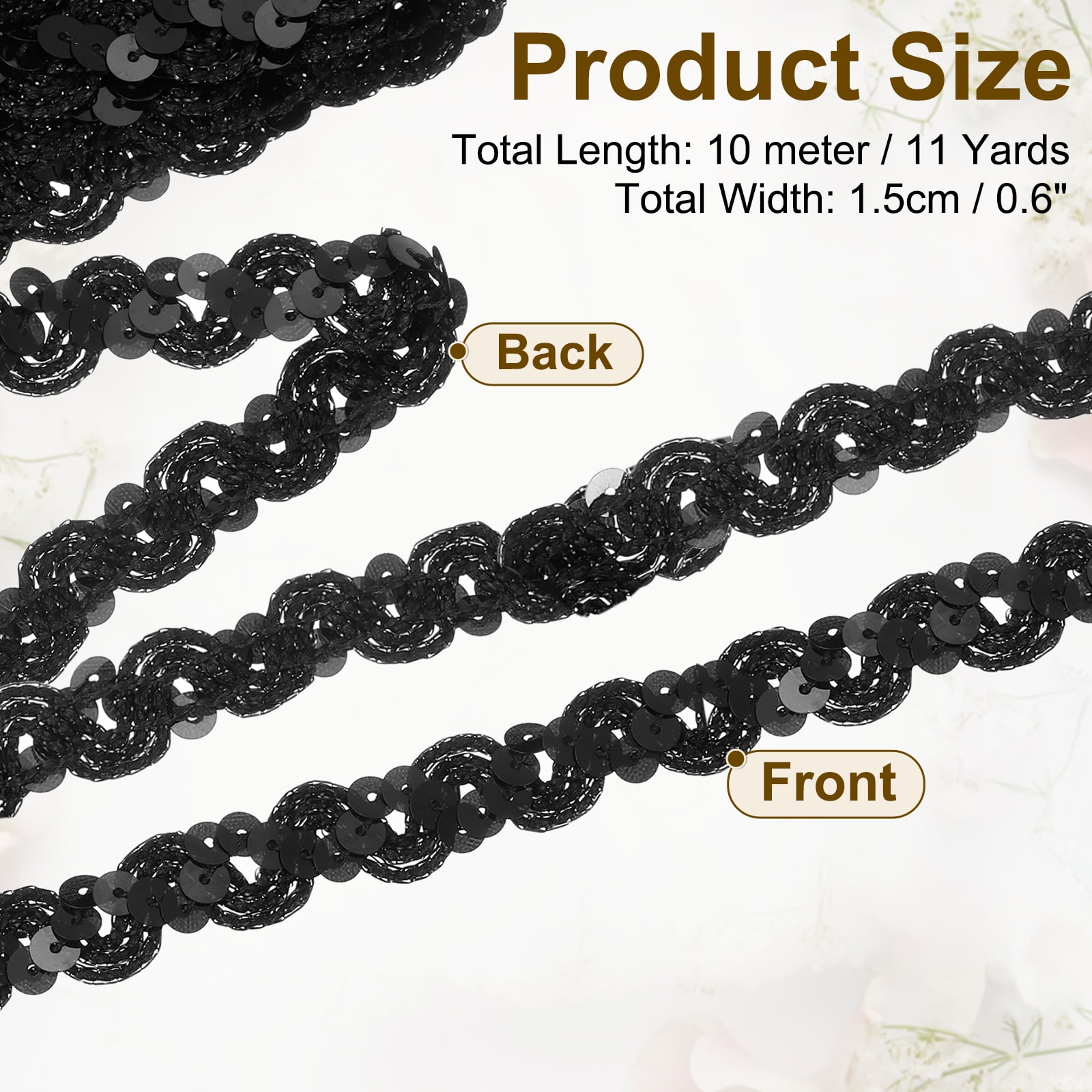 Unique Bargains Sequins Trim Ribbon Sequin Gimp Braid Trim Spangle Flat Sequins Black