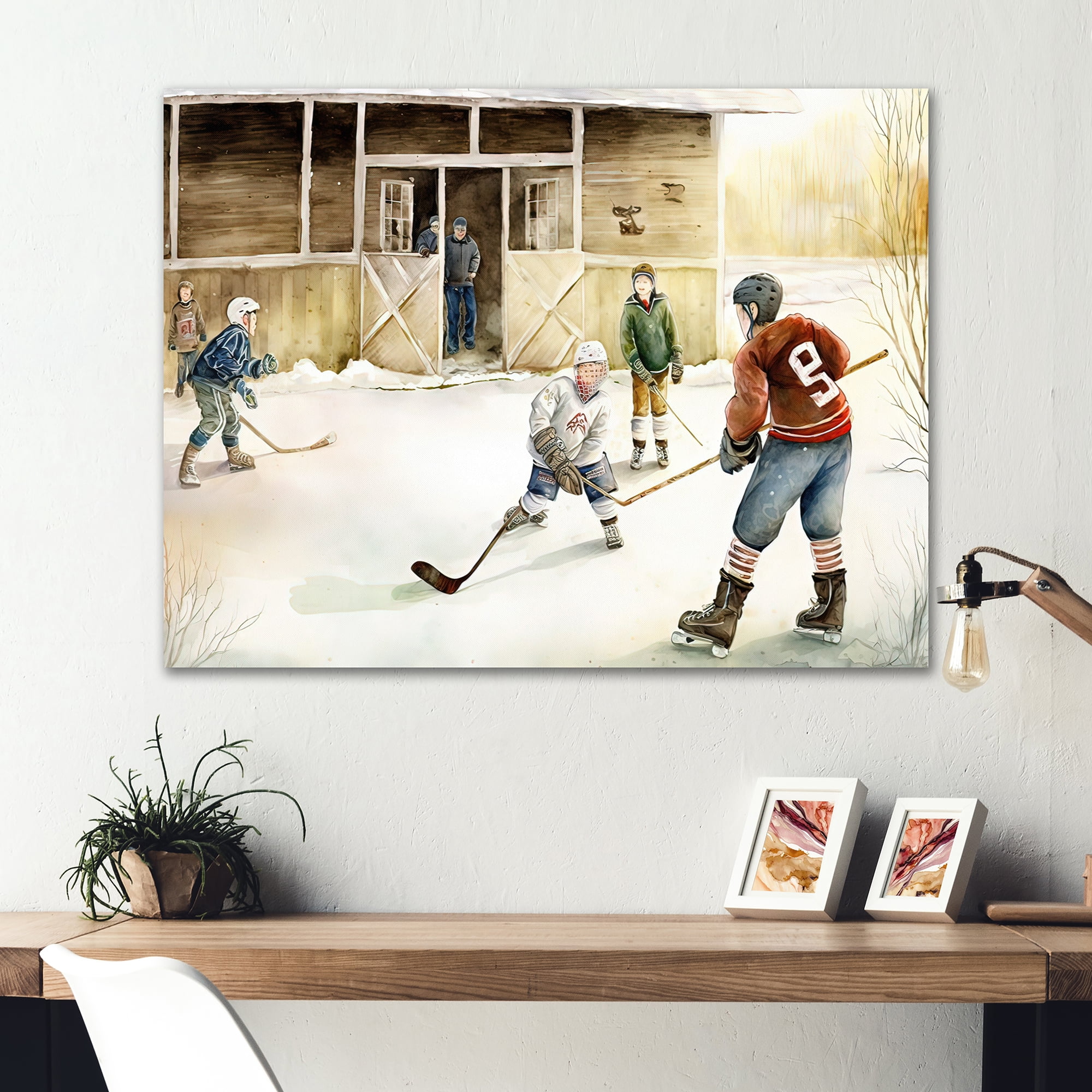 Designart Kids Playing Hockey On Ice Rink II Canvas Wall Art