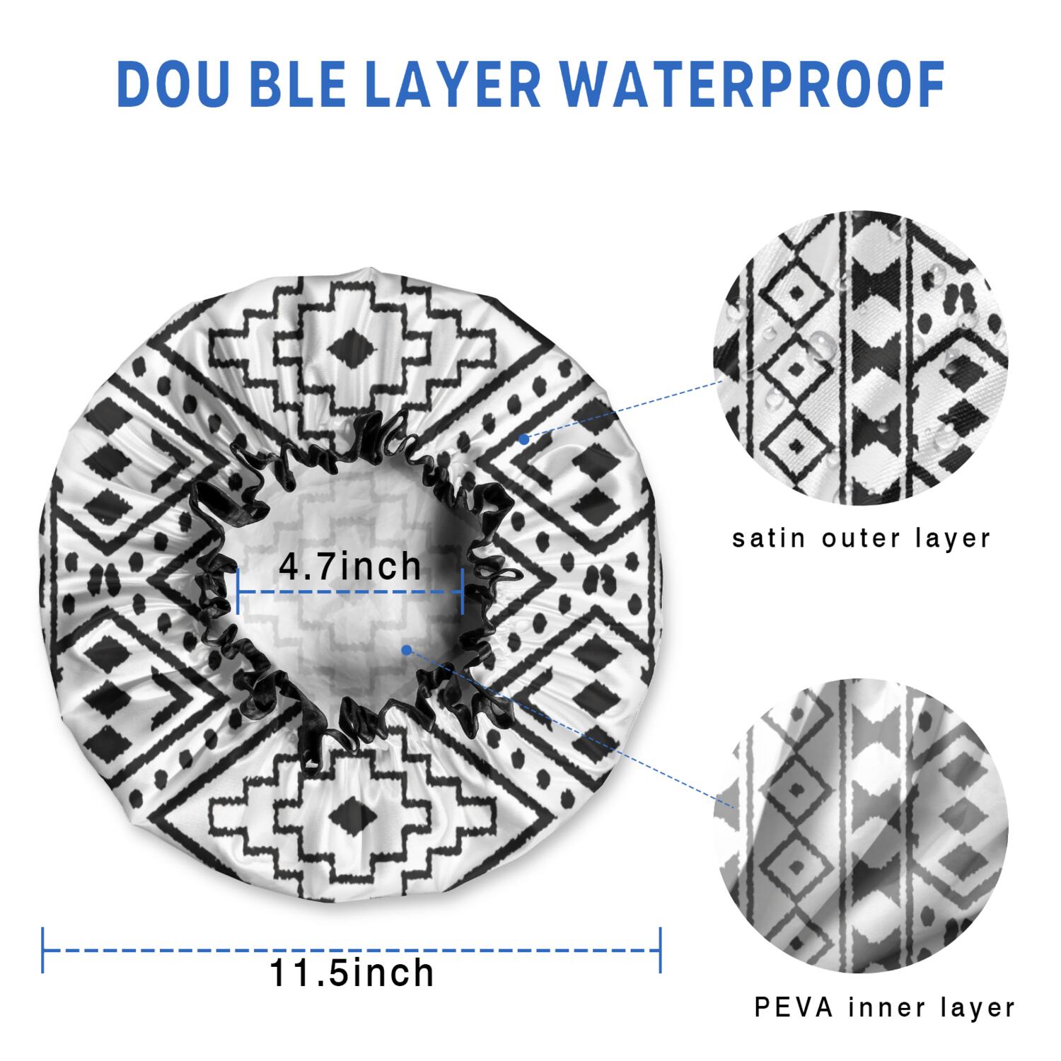 Shower Caps,Black Geometric Diamond Pattern Waterproof Shower Cap for Women 4 Pieces,Double Reusable Hair Cover for Shower PEVA Elastic Stretch Hem