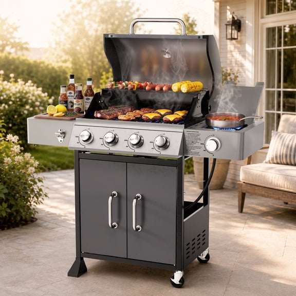 4-Burner Propane Gas Grill with Side Burner, 51,000 BTU Outdoor BBQ Grill with Porcelain-Enameled Grates, Warming Rack, Side Tables, Bottle Opener, Thermometer and Wheels for Patio Backyard Cooking