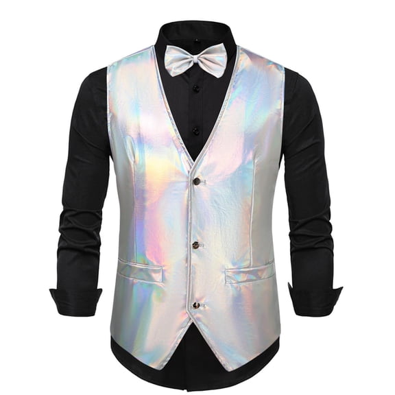 Men's Sequins Suit Vest - V-Neck Sleeveless Shiny Dress Waistcoat Bowtie 2 Pieces for Wedding, Prom, Party