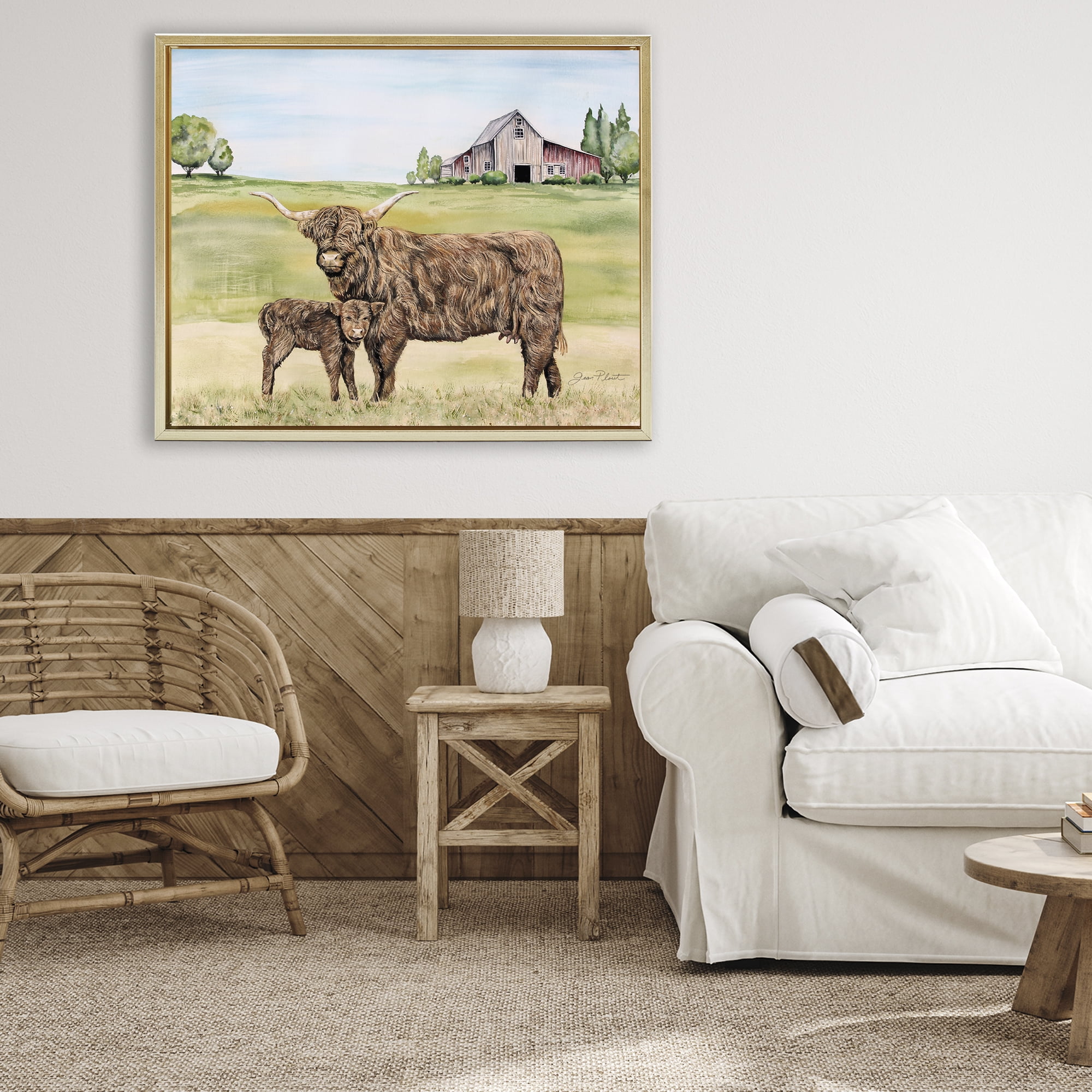 Highland Cow And Calf Gold Framed Floater Canvas Wall Art, design by Jean Plout