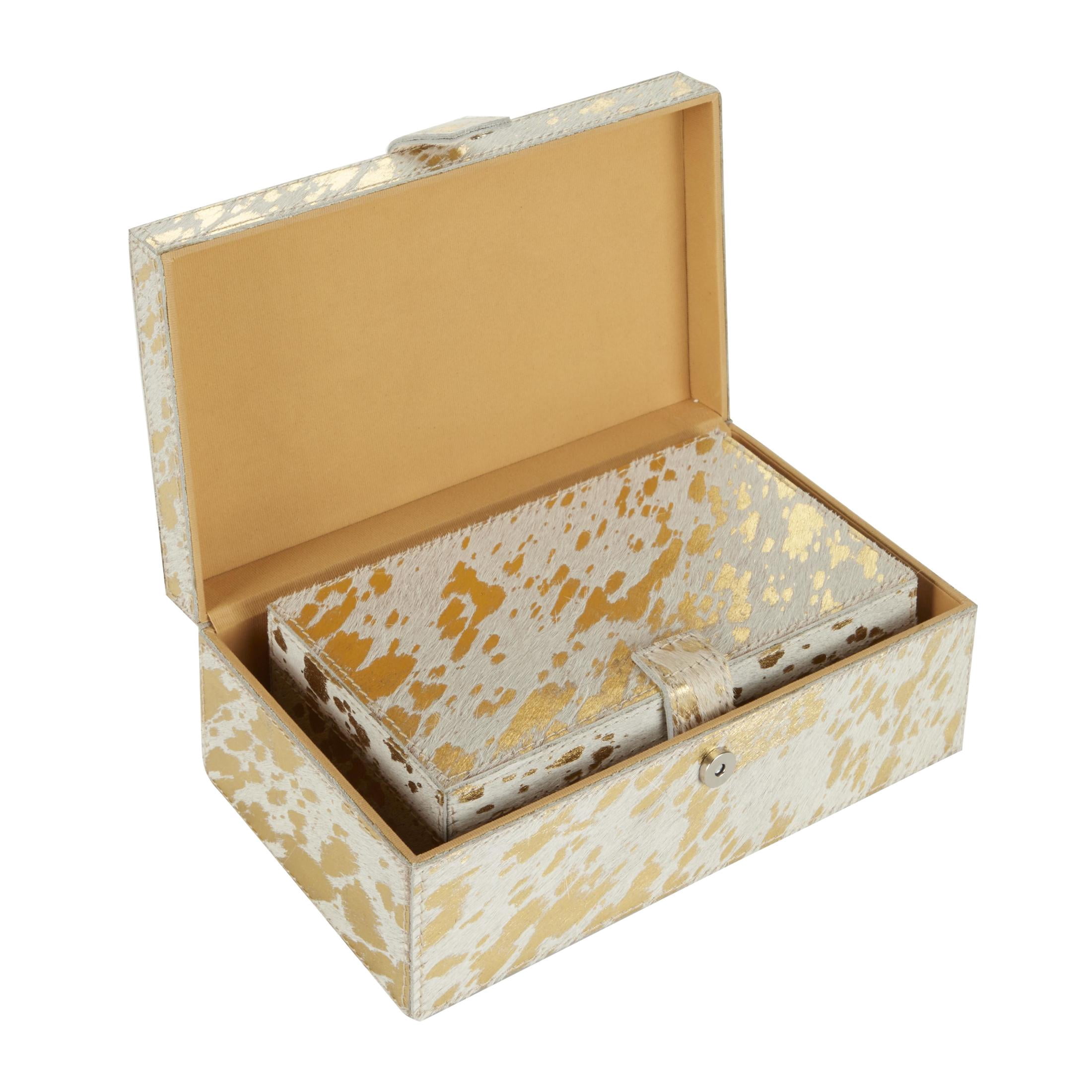 DecMode Handmade Gold Leather Decorative Box with Snap Front Closure and Detailed Stitching, 2 Count