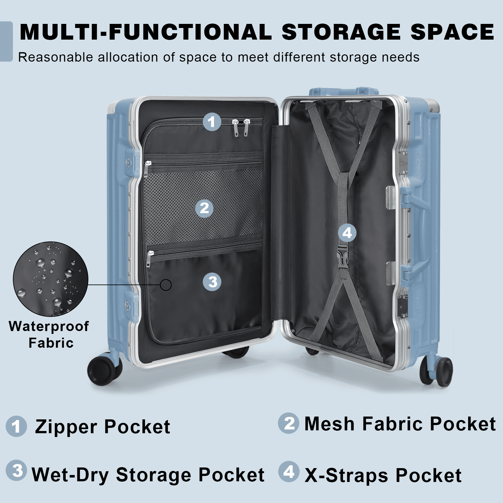 Checked Luggage PC ABS Aluminum Frame Hardside Zipperless Suitcase with Wheels TSA Lock 24 inch Blue