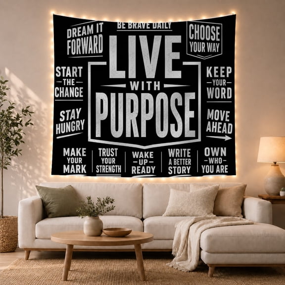 LIVE WITH PURPOSE Collage on Black Background, Inspirational Maximalist for Motivational Decor Lovers, High-Contrast Text Art, Graduation Gift Tapestry Wall Hanging for Office and Classroom