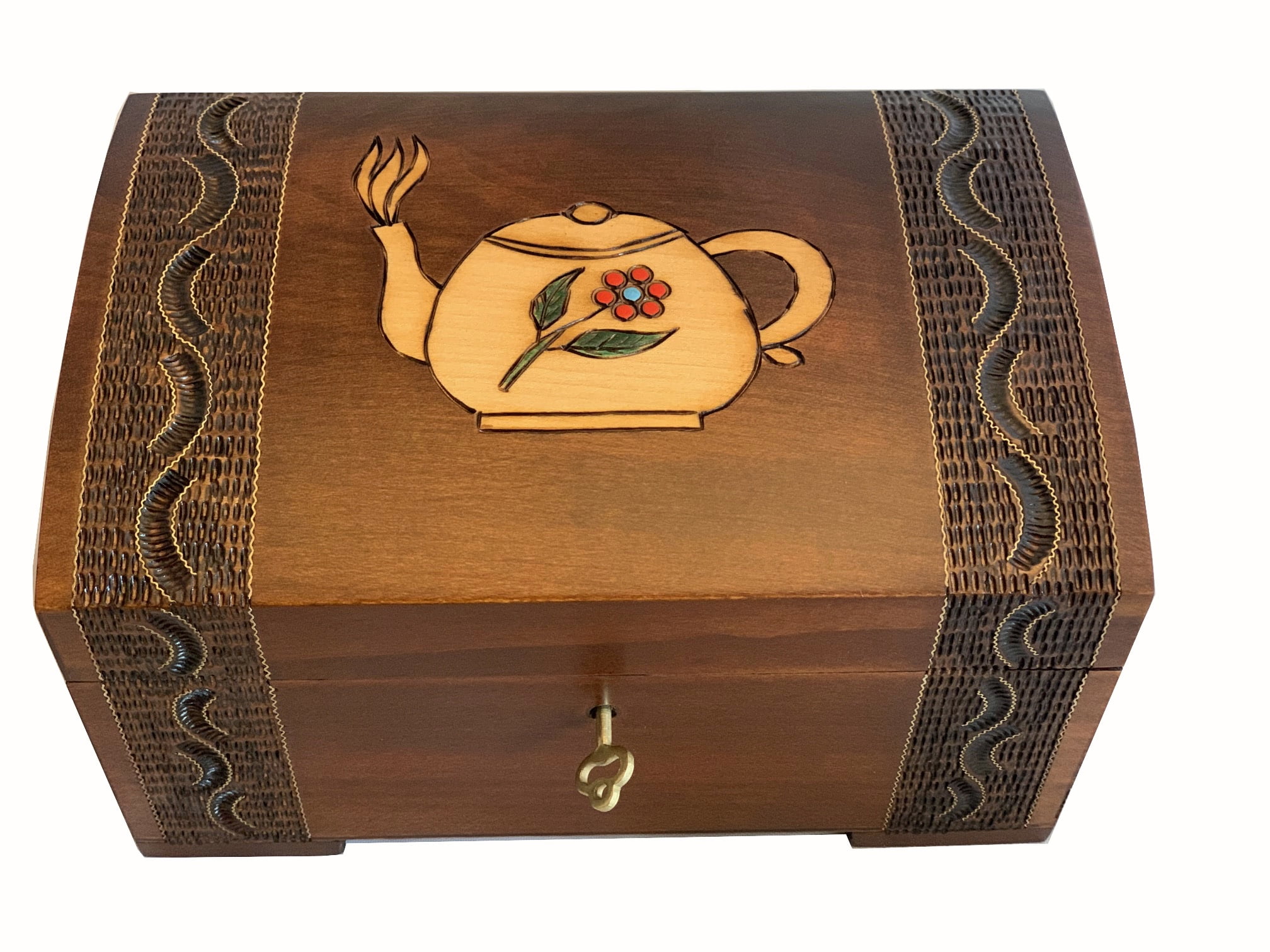 MilmaArtGift Tea Chest Hand-Carved Floral Teapot Design Decorative Wood
