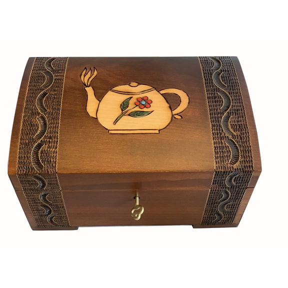 MilmaArtGift Tea Chest Hand-Carved Floral Teapot Design Decorative Wood Chest Box from Poland