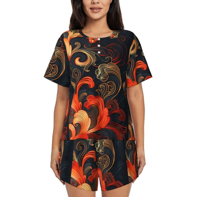 Lsque Ensemble de Pyjama à Manches Courtes Motif Floral Ardent pour Femmes - Ensemble de 2 Pcs Doux et Léger - Très Grand