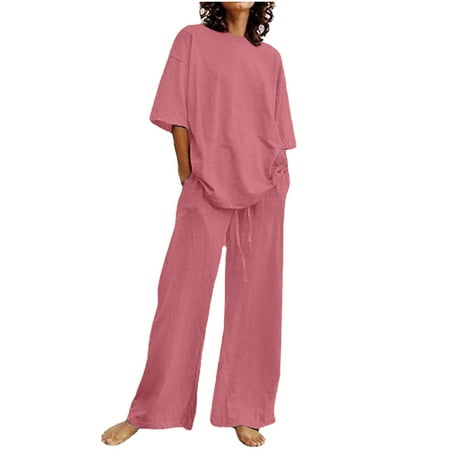 YEYLANERS 2 Piece Outfits for Women Summer Plus Size Womens Cotton Linen Set 2024 Summer Short Sleeve Tee Tops Match Pants Suit Oversized Two Piece Lounge Outfits Pink XXXXL