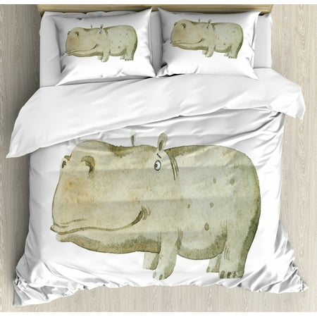 Hippo King Size Duvet Cover Set Watercolor Style Illustration Of