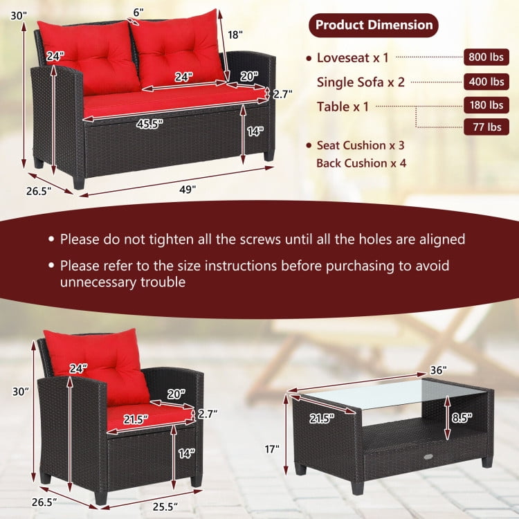 Aimee Lii 4 Pieces Wicker Patio Furniture Set with Tempered Glass Coffee Table, Wicker Outdoor Sectional, Red Aimee Lii 4 Pieces Wicker Patio Furniture Set with Tempered Glass Coffee Table, Wicker Outdoor Sectional, Red