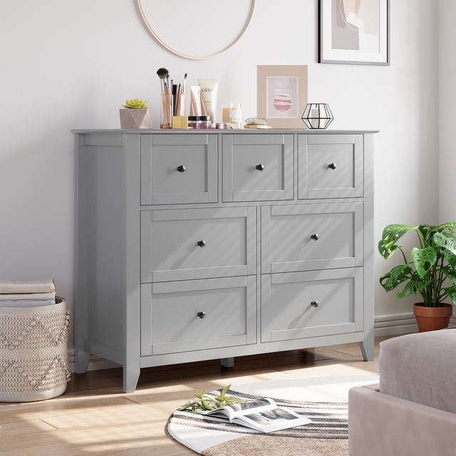 Commode à 7 Tiroirs pour Chambre, Grand Commode Moderne avec Pieds Robustes, Organisateur de Rangement en Bois pour Garde-Robe pour Salon, Entrée, Couloir, Gris
