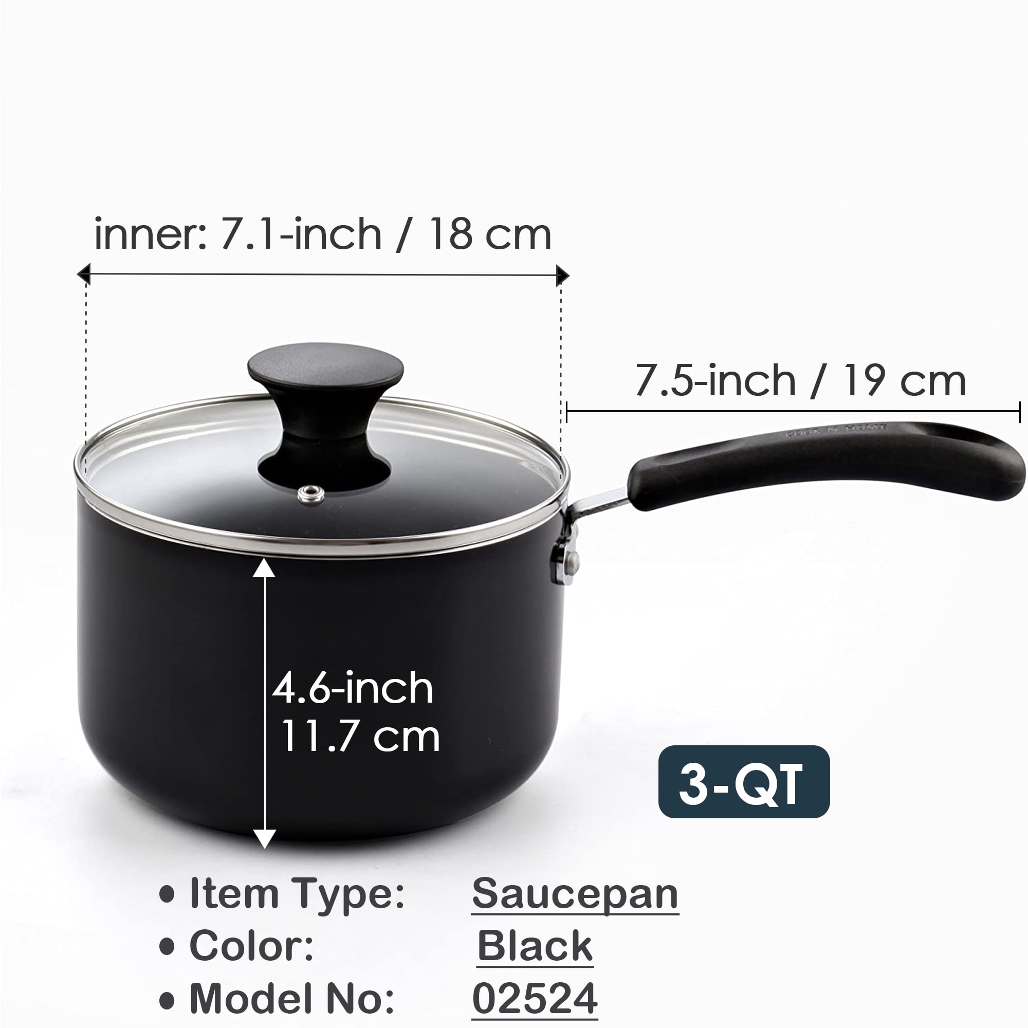 Cook N Home 3 Quart Nonstick Sauce Pan with Glass Lid , Multi-purpose Pot Saucepan Kitchenware, Black, Aluminum