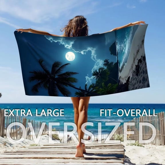 1 Extra Large Microfiber Beach Towel - Quick Dry, Sand Repellent, with Tropical Night Scene Print - Great for the Pool, Camping