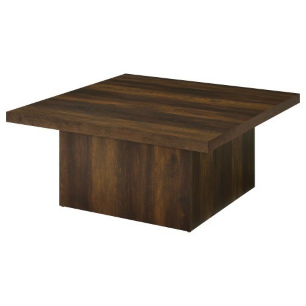 Square Coffee Table, Modern Wood-Look Pedestal Coffee Table with Matte Black Finish for Living Room, 35.5 x 35.5 in, Brown