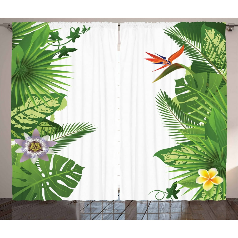 Tropical Curtains 2 Panels Set, Lush Growth Rainforest of Hawaii with Frangipani Philodendron