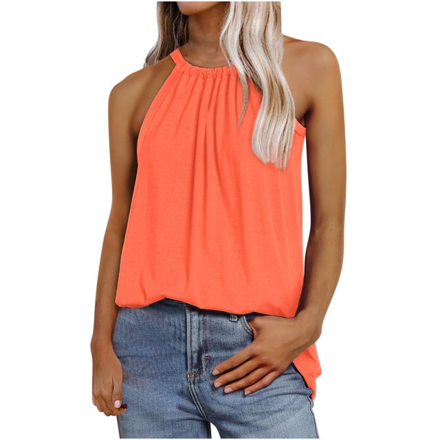 Timegard Womens Tank Tops Crew Neck Pleated Back Drawstring Comfy Summer Casual Sleeveless Tops Blouse