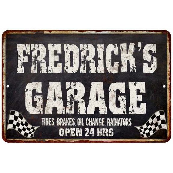 FREDRICK'S Garage Black Grunge Sign 8 x 12 High Gloss Metal 208120005465
