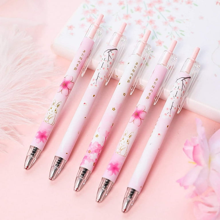 Retractable Pens Black Ink Gel Pens Set Roller Ball 0.5 MM Fine Point Pens  for Girls Students 6 Pcs (Cherry blossoms)