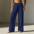 thumbnail image 6 of Linen Cotton Pants Women Wide Leg Elastic High Waisted Beach Flowy Pull On Dressy Casual Baggy Slacks with Pockets, #02 Dark Blue S, 6 of 7