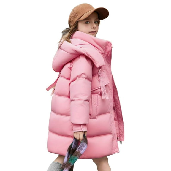 Efsteb Kids Warm Puffer Jacket Winter Long Windbreaker Puffer Coat Hooded Quilted Down Coats Girls Comfy Zipper Outerwear (Pink,5-6 Years)