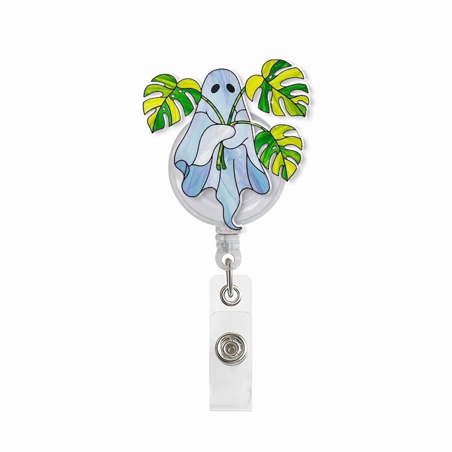 TiniDecor Plant Ghost Badge Reel, Retractable ID Holder, Cute Monstera Ghost Gift for Nurse, Teacher