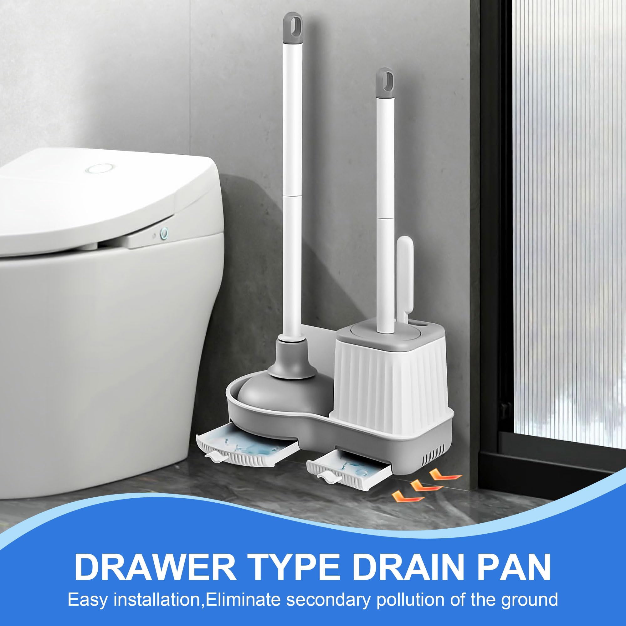 Toilet Brush and Plunger Set 2 Pack 3-in-1 Bowl Holder with Crevice Cleaning Wall Mounted Bathroom Tools
