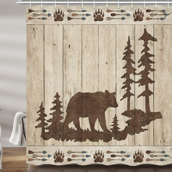 Rustic Cabin Bear Shower Curtains for Bathroom, Wild Animals Hunting Forest Woodland Bath Curtain Set, Lodge Bear Print Fabric Bathroom Accessories Restroom Decor 12 Hooks Included 72X72 inches